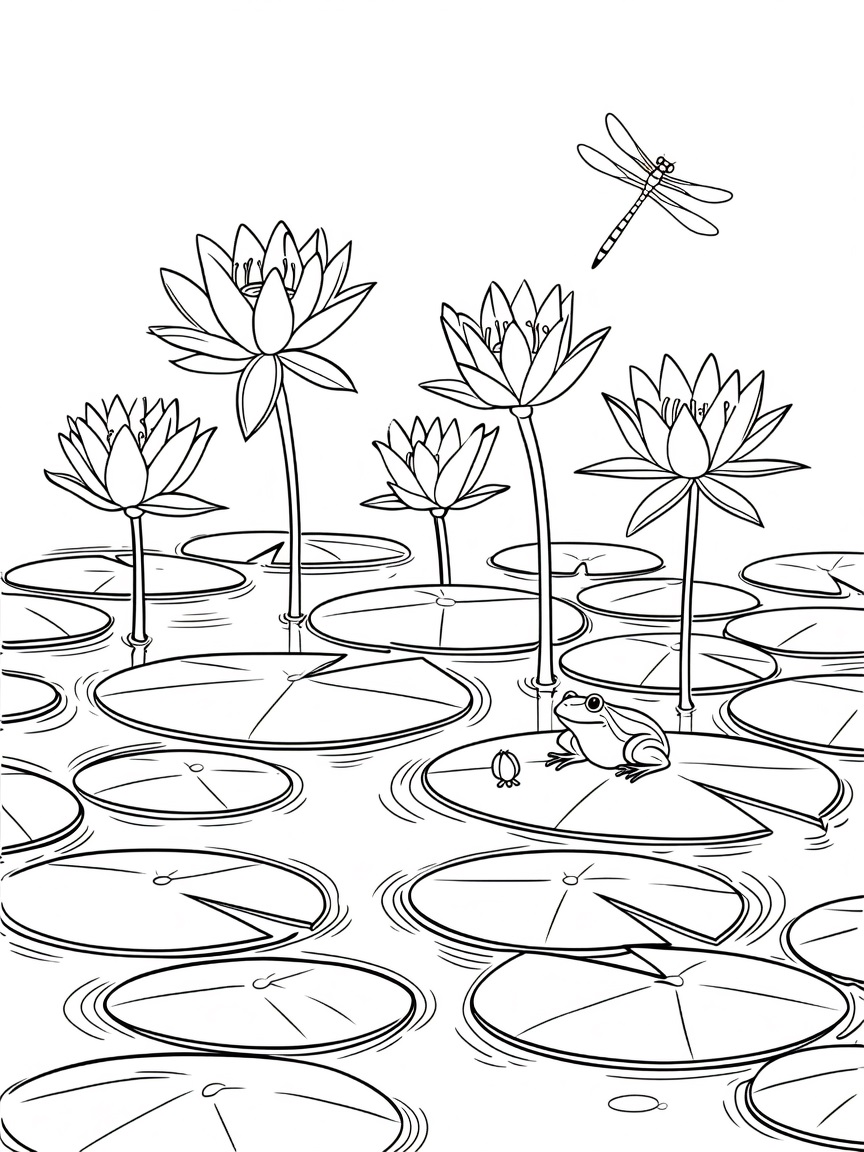 Water Lily Pond Cartoon Drawing for Coloring - Free Printable Coloring ...
